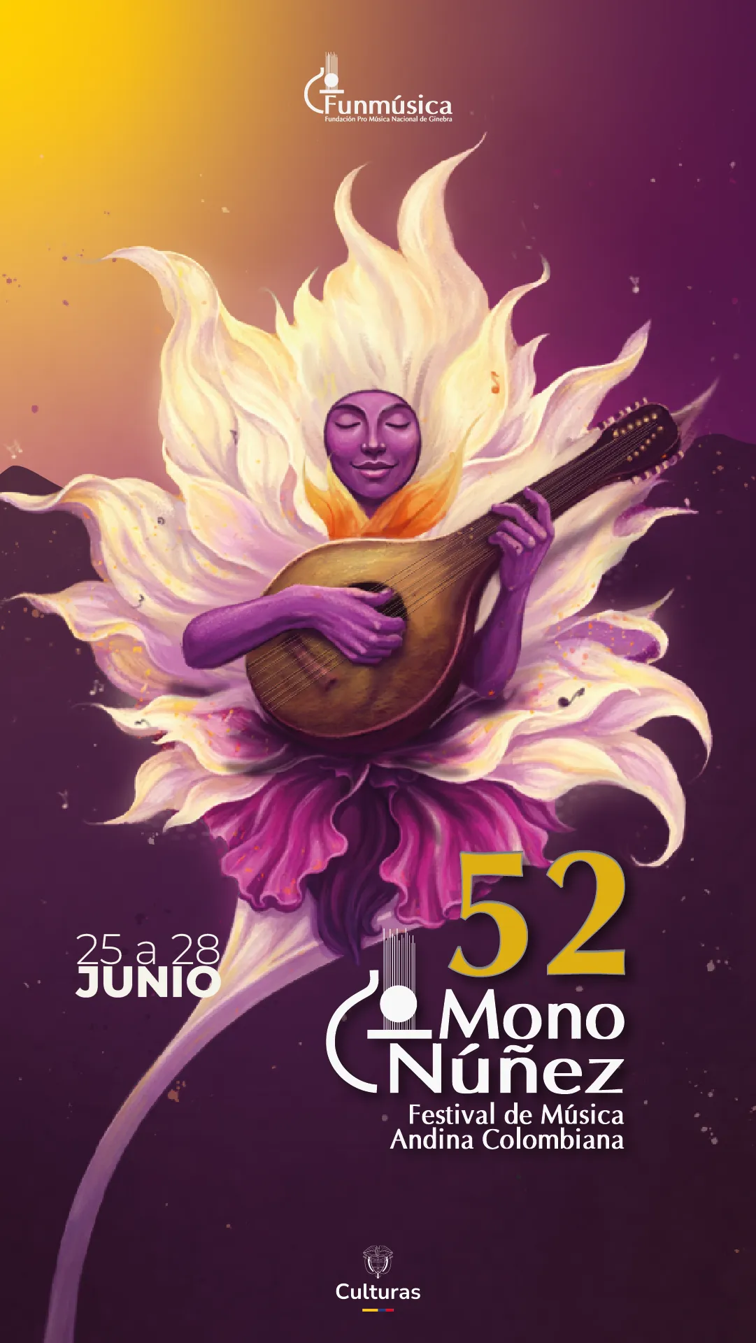 Ilustración artística de una figura floral tocando un instrumento andino